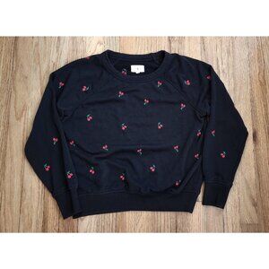 LOU & GREY Embroidered Sweatshirt Black Cherries Fun Whimiscal Cherry Terry XS